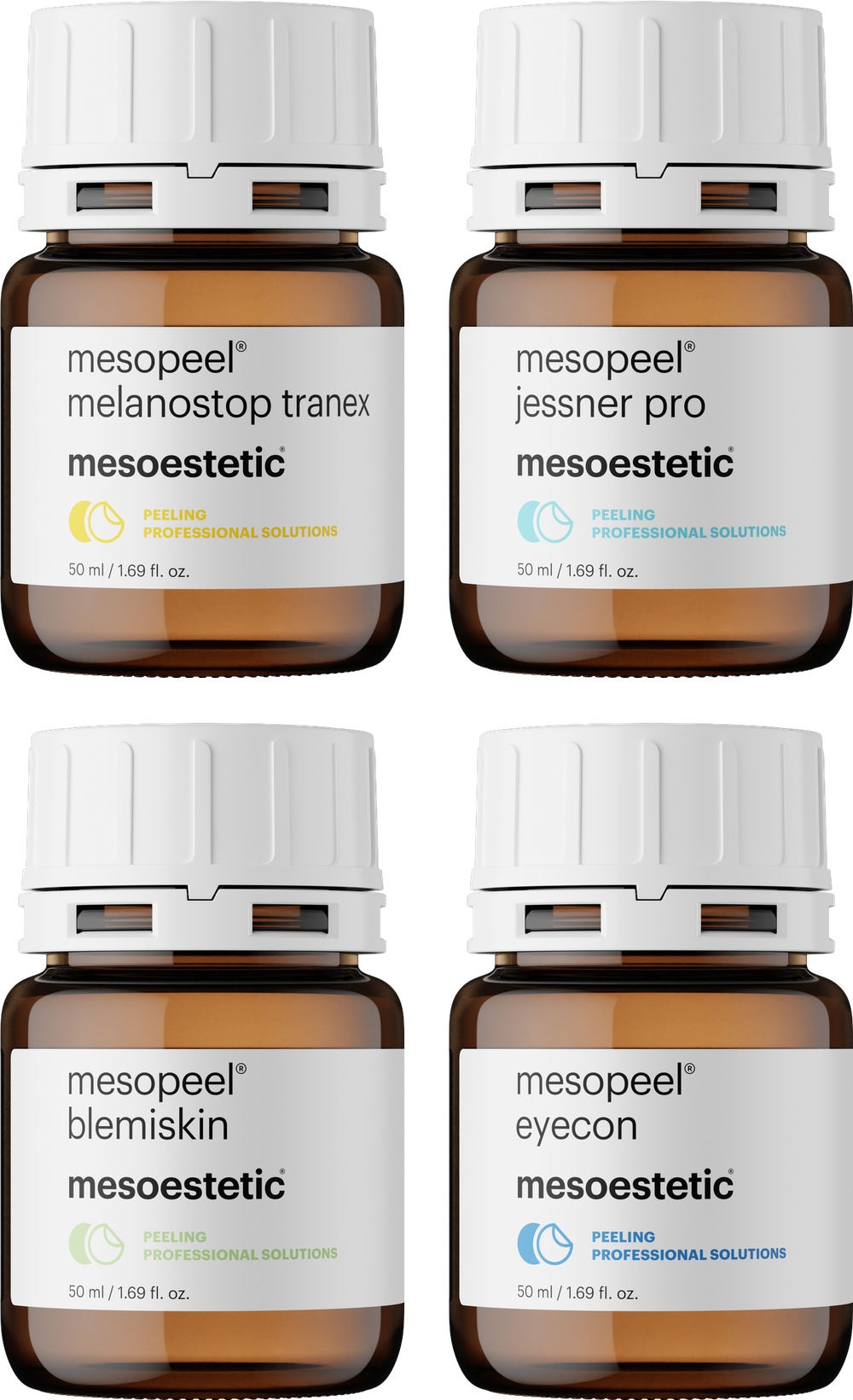 Четирите професионални пилинга mesopeel на mesoestetic — Melanostop tranex, Jessner pro, Blemiskin и EYECON